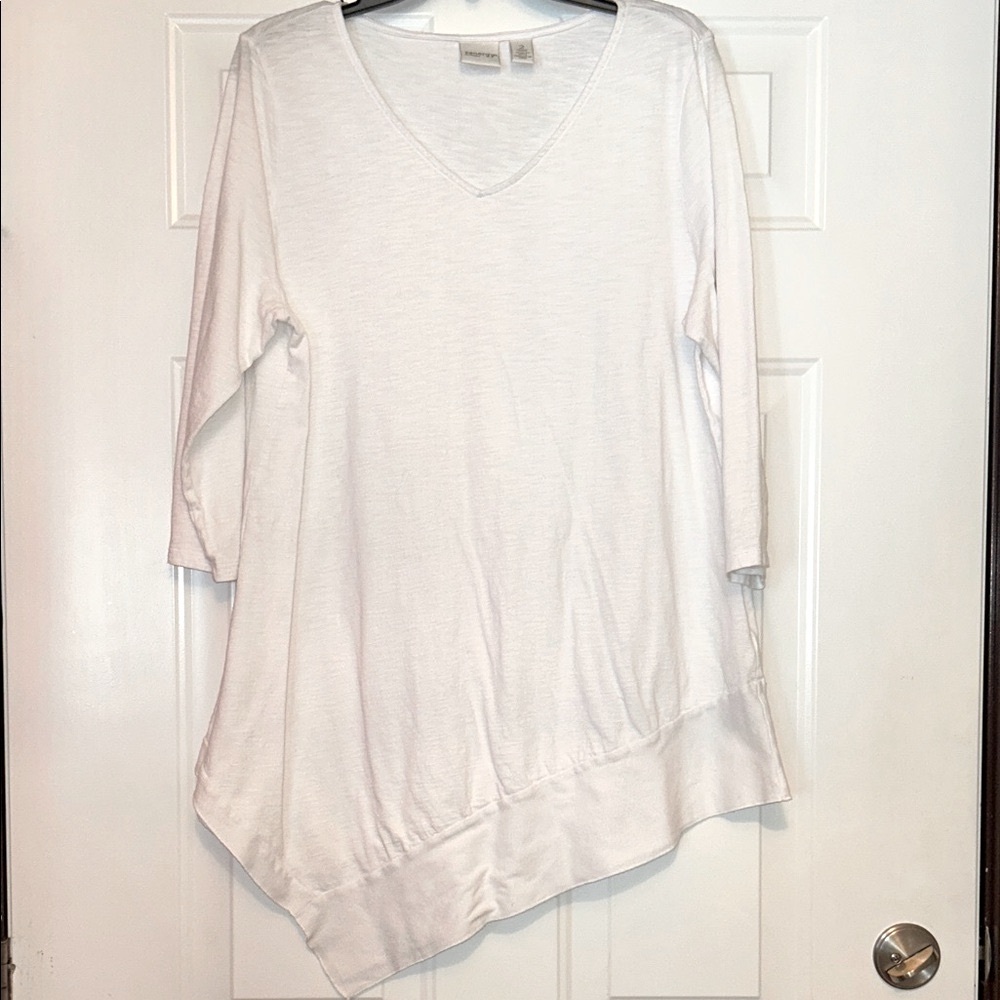 Chico’s Zenergy Asymmetrical Tunic Top White L 2-12 V-Neck Lagenlook Y2K Vintage
